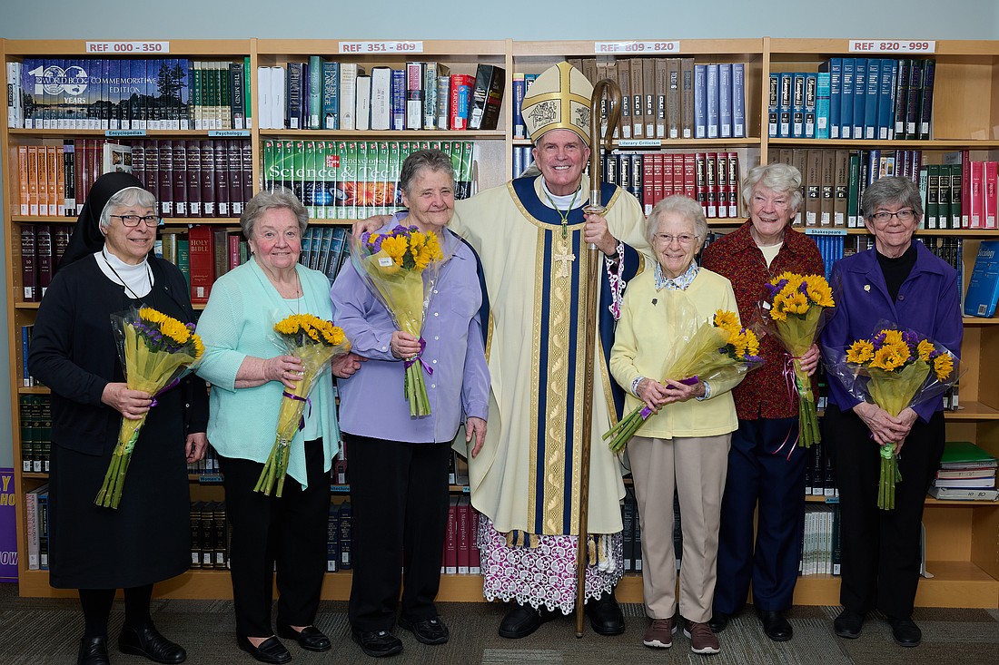 Bishop David M. O'Connell, C.M., poses for a photo with the five Sisters of St. Joseph who serve in St. Rose Parish and School, Belmar, as well as Mercy Sister Donna D'Alia, parish catechetical leader. The Bishop celebrated Mass to mark the Solemnity of St. Joseph, spouse of the Blessed Virgin Mary March 19. Mike Ehrmann photo