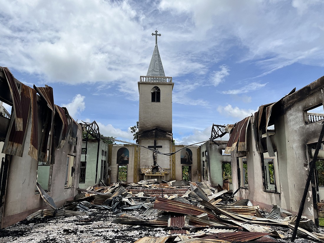 A destroyed St. Matthew Church is seen June 27, 2022, in the village of Daw Ngay Ku, Myanmar, in eastern Kayah state. Myanmar’s military junta was accused of blowing up the Catholic church with landmines and torching it. A more recent church attack blamed on the junta was the burning down of St. Patrick Cathedral in strife-torn northern Kachin state on March 16, 2025, the eve of the revered saint's feast. (OSV News photo/courtesy Amnesty International)