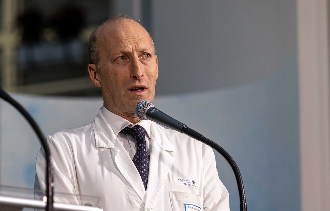 Dr. Sergio Alfieri, who has led the medical team treating the pope in the hospital, speaks at a news conference at Rome's Gemelli hospital March 22, 2025. The pope's doctors announced that he would be discharged from the hospital and return to his residence in the Vatican the following day. (CNS photo/Pablo Esparza)