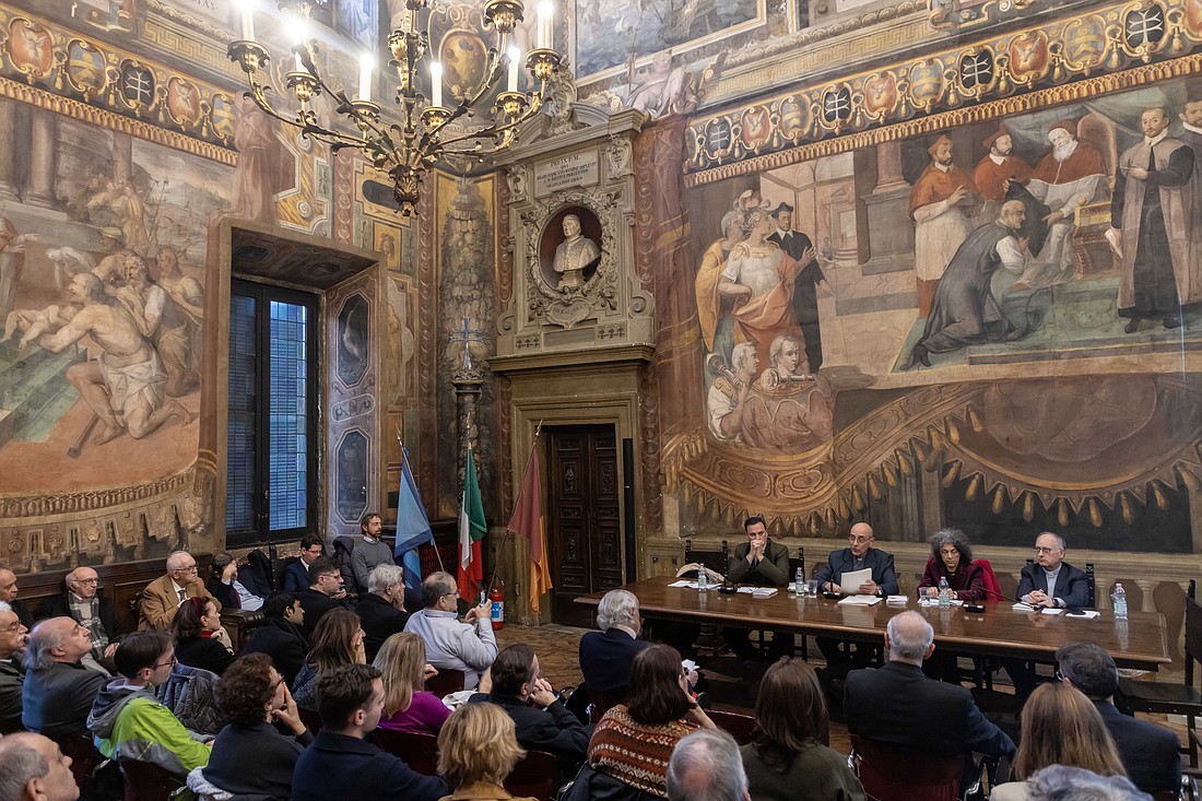 Cardinal Víctor Manuel Fernández, prefect of the Dicastery for the Doctrine of the Faith, speaks at the presentation of a book collecting Pope Francis' reflections on poetry and literature in Rome March 21, 2025. (CNS photo/Pablo Esparza)