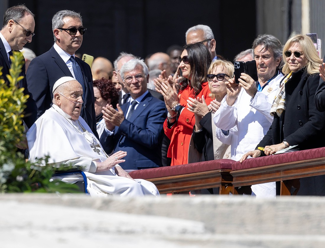 Pope Francis greets the faithful in St. Peter's Square at the end of the closing Mass for the Jubilee of the Sick and Health Care Workers at the Vatican April 6, 2025. (CNS photo/Pablo Esparza)