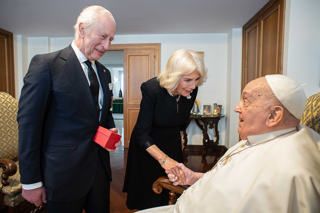 Britain’s King Charles III and Queen Camilla greet Pope Francis during a visit at the Vatican April 9, 2025. (CNS photo/Vatican Media)