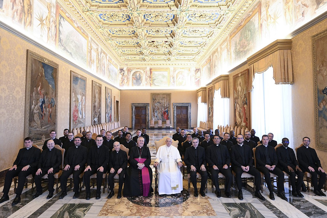 Pope Francis poses for a photo with the 35 students enrolled at the Pontifical Ecclesiastical Academy, the Vatican school for training diplomats, and with academy staff in this file photo from June 7, 2024. (CNS photo/Vatican Media)