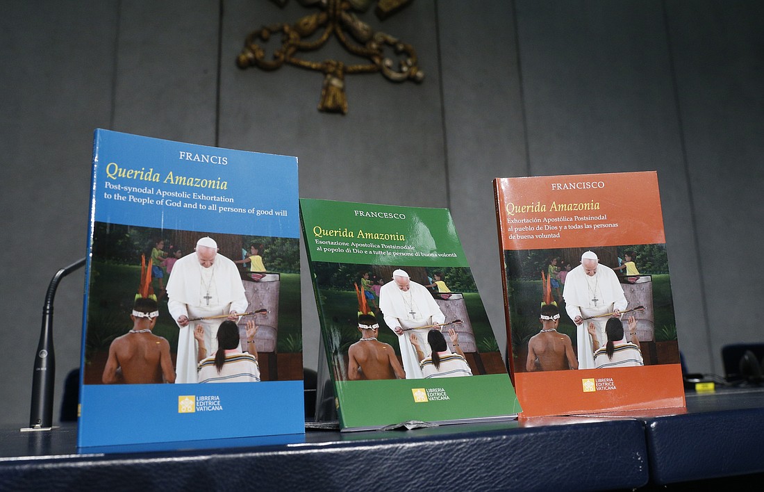 Copies of Pope Francis' apostolic exhortation, "Querida Amazonia" (Beloved Amazonia), are pictured at a news conference for the release of the exhortation at the Vatican Feb. 12, 2020. The document contains the pope's conclusions from the 2019 Synod of Bishops for the Amazon. (CNS photo/Paul Haring)