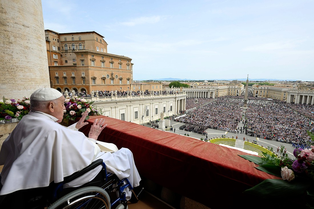 Pope Francis appears on the central balcony of St. Peter’s Basilica to deliver his Easter blessing “urbi et orbi” (to the city and the world) at the Vatican April 20, 2025. (CNS photo/Vatican Media)