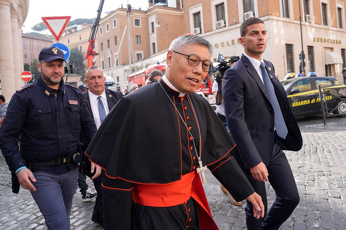 Cardinal Stephen Chow Sau-yan of Hong Kong approaches the Petriano entrance next to St. Peter’s Square to attend a general congregation meeting in the New Synod Hall at the Vatican April 25, 2025. (CNS photo/Lola Gomez)