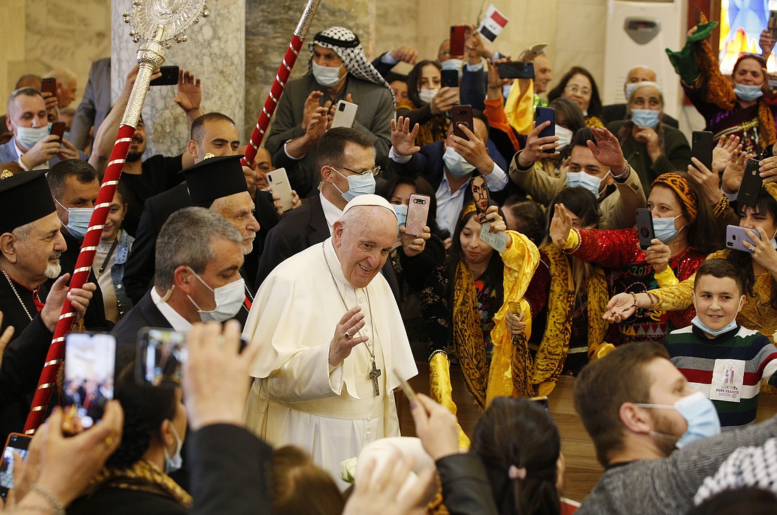 Pope Francis arrives for a visit with the community at the Church of the Immaculate Conception in Qaraqosh, Iraq, March 7, 2021. Pope Francis, formerly Argentine Cardinal Jorge Mario Bergoglio, died April 21, 2025, at age 88. (CNS photo/Paul Haring)
