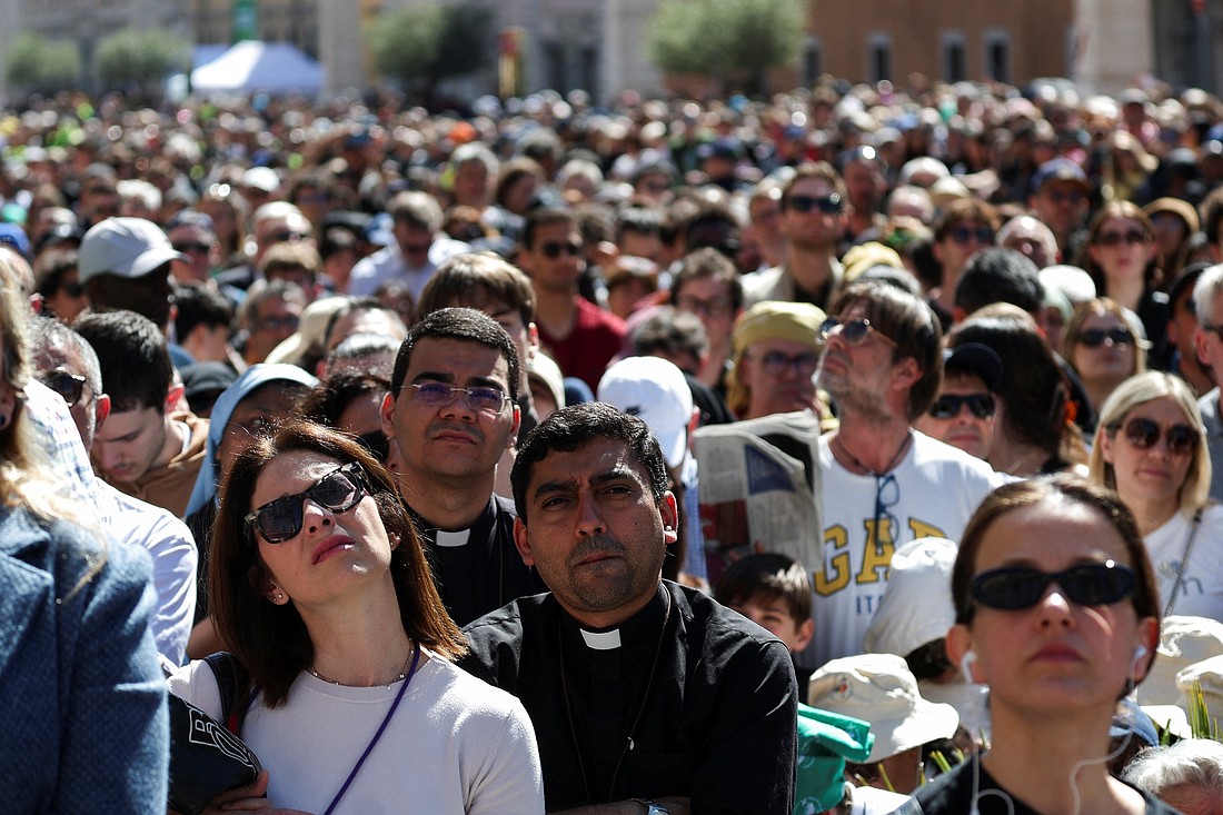 Thousands attend the funeral Mass of Pope Francis in St. Peter's Square at the Vatican April 26, 2025. (OSV News photo/Hannah McKay, Reuters)