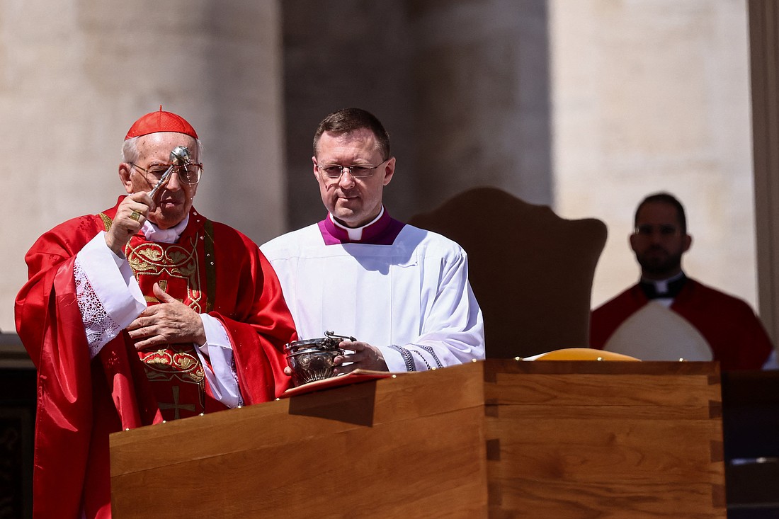 Cardinal Giovanni Battista Re, dean of the College of Cardinals, blesses the coffin as he leads the funeral Mass of Pope Francis in St. Peter's Square at the Vatican April 26, 2025. (OSV News photo/Kai Pfaffenbach, Reuters)