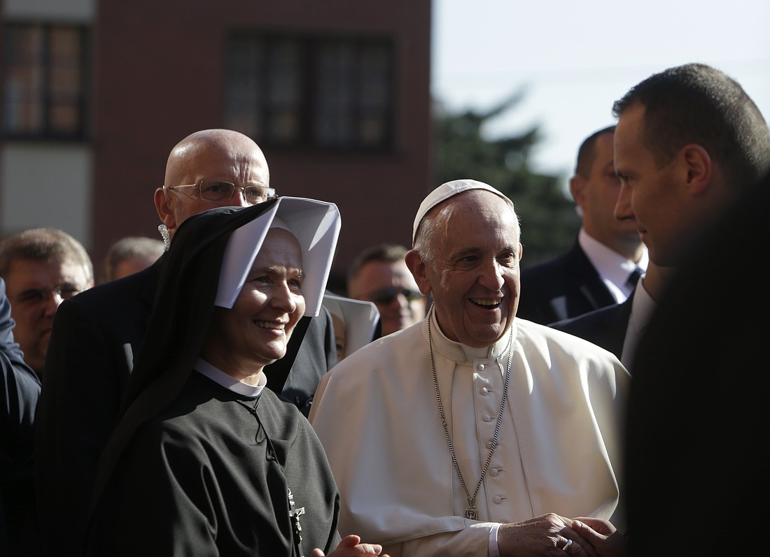 Pope Francis meets nuns at St. Faustina's chapel at the Sanctuary of Divine Mercy in Lagiewniki, Poland, during World Youth Day in Krakow, July 30, 2016. The late pope died April 21, 2025, at age 88. (OSV News/David W Cerny, Reuters)