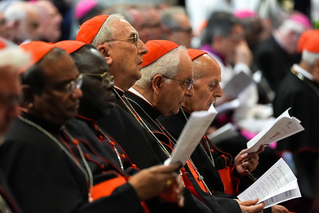 Members of the College of Cardinals attend vespers at the Basilica of St. Mary Major in Rome April 27, 2025, and pray at the tomb of Pope Francis. (CNS photo/Lola Gomez)