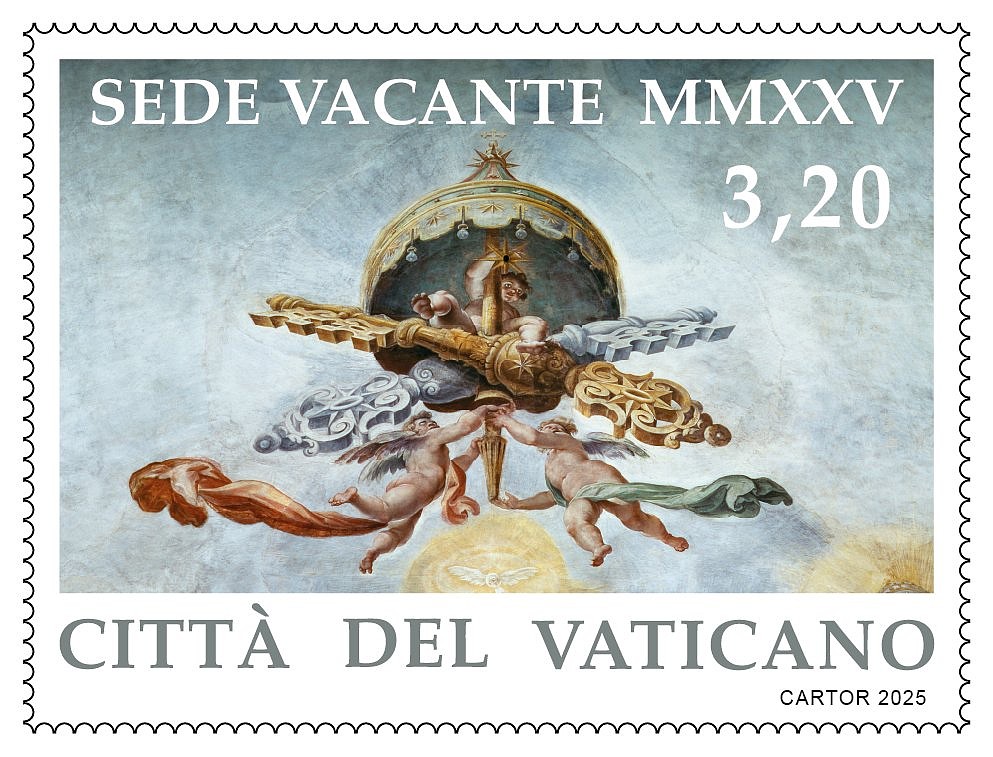 The "sede vacante" Vatican stamp series was issued in four values April 28, 2025. The stamps depict two angels holding the symbols of the Vatican emblem used during the time between popes. (CNS photo/courtesy of Vatican's stamp and coin office)