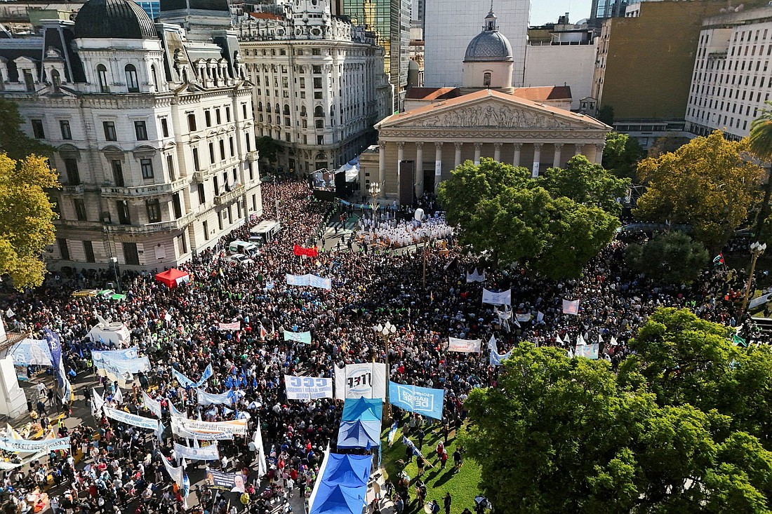 A drone view shows people gathered outside the Buenos Aires Metropolitan Cathedral in Argentina April 26, 2025, for a memorial Mass for Pope Francis, formerly Argentine Cardinal Jorge Mario Bergoglio, who died April 21 at age 88. (OSV News photo/Stringer via Reuters)