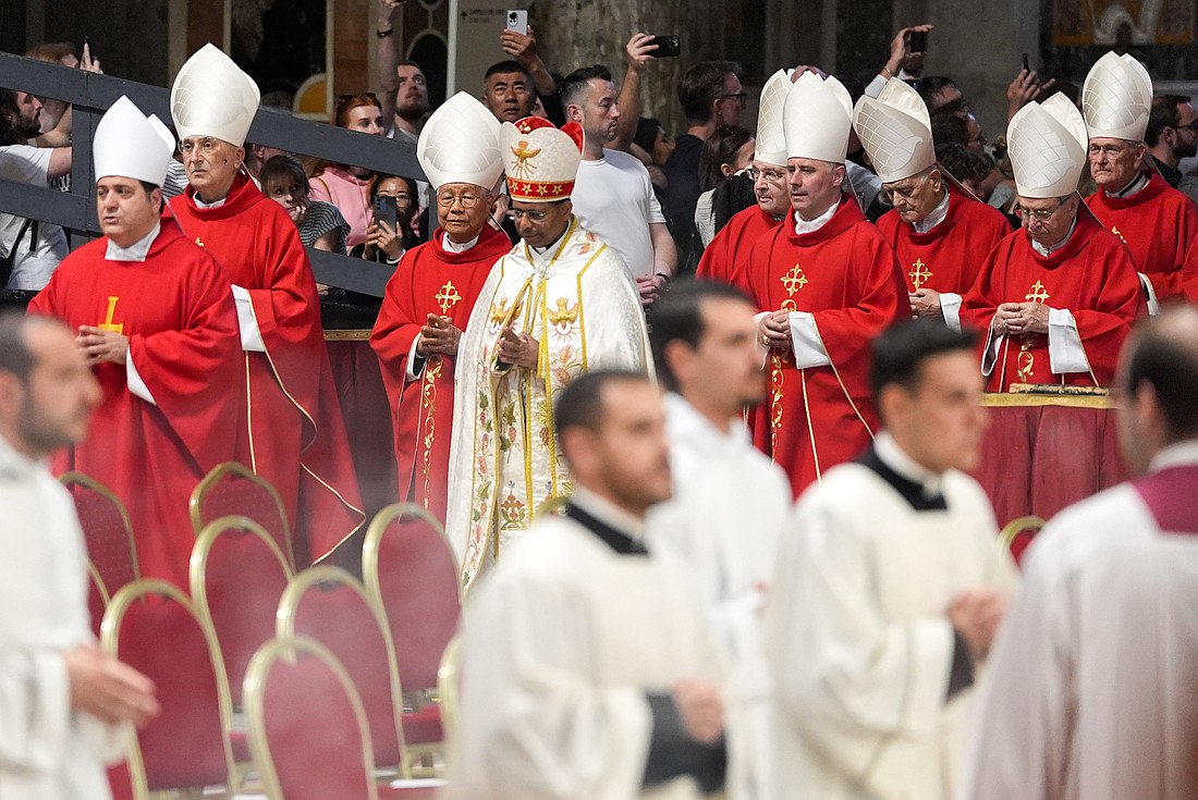 Cardinals process at the beginning of the Mass on the third day of the “novendiali,” nine days of mourning for Pope Francis, in St. Peter’s Basilica at the Vatican April 28, 2025. (CNS photo/Lola Gomez)