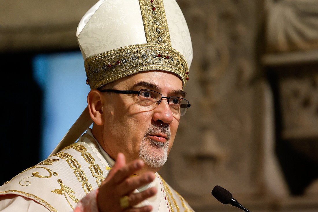Cardinal Pierbattista Pizzaballa, patriarch of Jerusalem, delivers his homily while celebrating Mass in Rome to formally take possession of his titular church, the Church of St. Onuphrius on the Janiculum, May 1, 2024. (CNS photo/Lola Gomez)