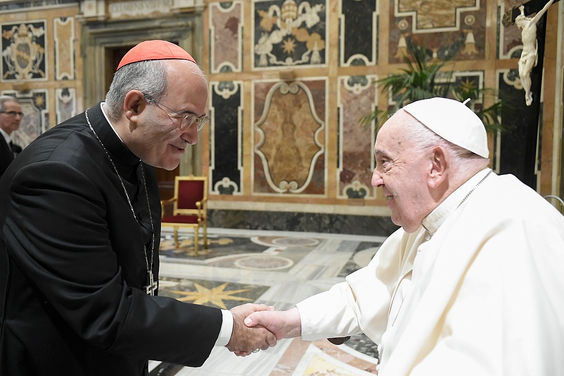Pope Francis greets Cardinal José Tolentino de Mendonça, prefect of the Dicastery for Culture and Education, during a meeting with participants in a global symposium on service learning in Catholic higher education at the Vatican Nov. 9, 2024. (CNS photo/Vatican Media)