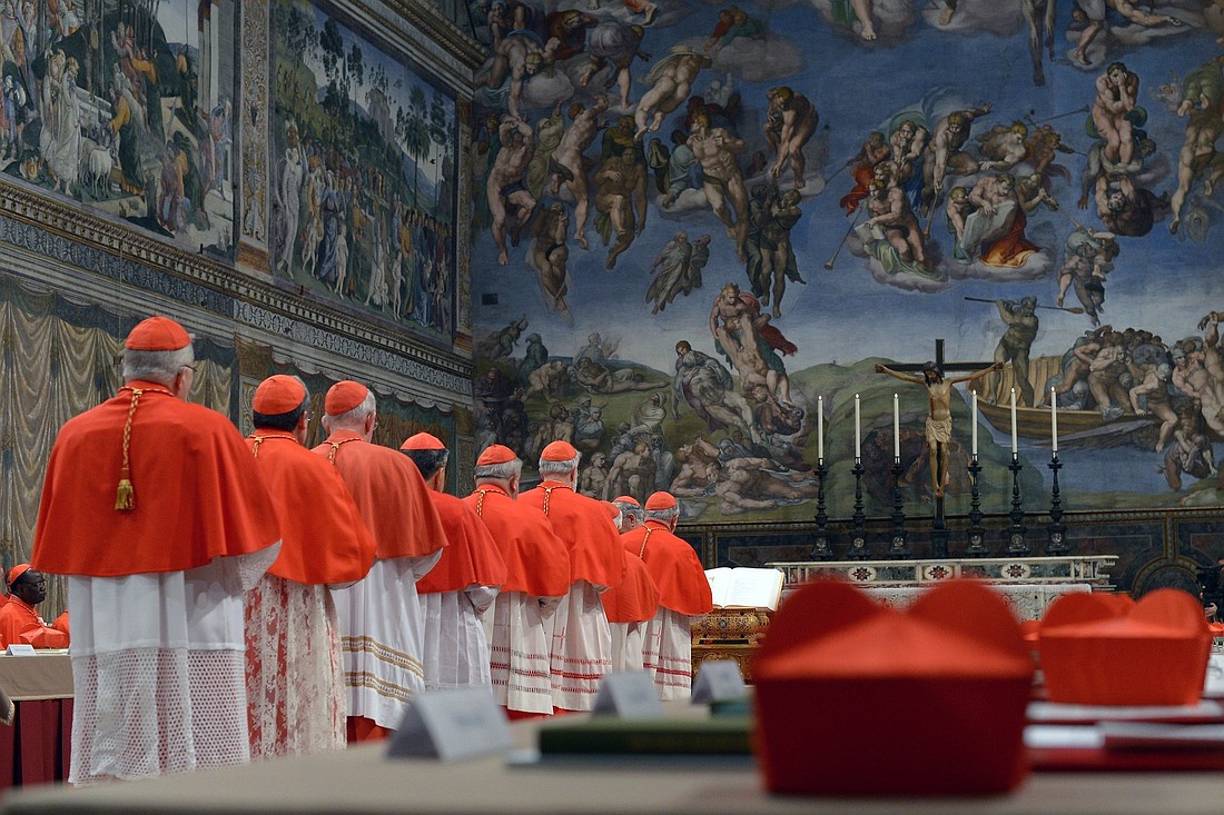Cardinals from around the world line up in the Vatican's Sistine Chapel March 12, 2013, to take their oaths at the beginning of the conclave to elect a successor to Pope Benedict XVI. The following day, on the fifth ballot, they elected Cardinal Jorge Mario Bergoglio of Buenos Aires, Argentina, who chose the name Francis. The cardinals will again gather May 7, 2025, to elect a a successor to Pope Francis, who died April 21. (CNS photo/Vatican Media)