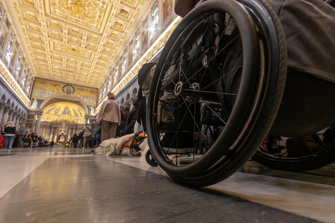 A wheelchair and a guide dog can be seen during Mass as part of the Jubilee of People with Disabilities at St. Paul Outside the Walls in Rome April 28, 2025. (CNS photo/Pablo Esparza)
