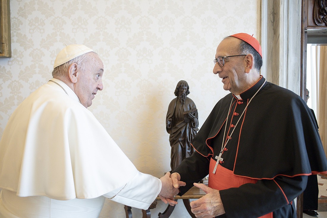 Pope Francis greets Cardinal Juan José Omella of Barcelona, former president of the Spanish bishops' conference, during a meeting with the leaders of the conference at the Vatican April 7, 2022. (CNS photo/Vatican Media)