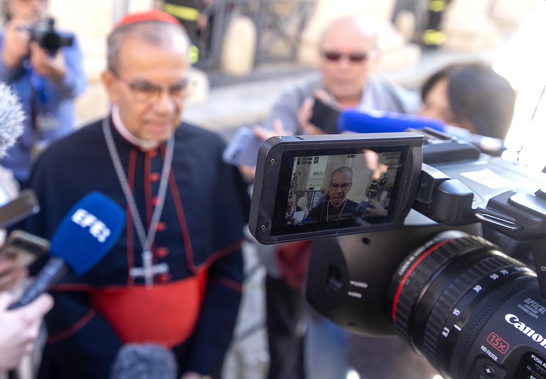 Cardinal Gregorio Rosa Chávez of San Salvador, El Salvador, arrives to attend a general congregation meeting of the College of Cardinals in the New Synod Hall at the Vatican April 29, 2025. (CNS photo/Pablo Esparza)