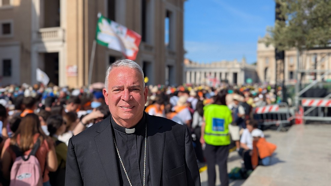 Archbishop Nelson J. Perez of Philadelphia stands outside St. Peter's Square as 200,000 young people make their way to attend the Jubilee of Teenagers at the Vatican April 27, 2025. Archbishop Perez said he was certain that Pope Francis, who died April 21 at 88, was "looking down on this day, and his heart is filled with joy because he calls us to a Jubilee of Hope." (CNS photo/Junno Arocho Esteves)