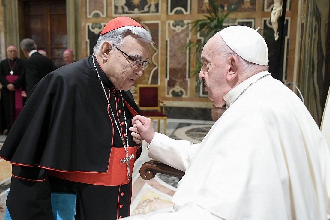 Pope Francis greets Cardinal Marcello Semeraro, prefect of the Dicastery for the Causes of Saints, during a meeting with participants in a conference on martyrdom at the Vatican Nov. 14, 2024. The cardinal is among the possible contenders to succeed Pope Francis, formerly Argentine Cardinal Jorge Mario Bergoglio, who died April 21, 2025, at age 88.  (CNS photo/Vatican Media)