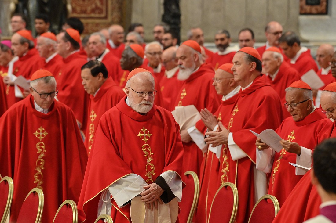 Cardinal Seán P. O'Malley, president of the Pontifical Commission for the Protection of Minors, concelebrates Mass with cardinals in St. Peter's Basilica at the Vatican April 29, 2025, on the fourth day of the "novendiali" -- nine days of mourning for Pope Francis marked by Masses. The Pontifical Missions Societies USA is inviting faithful to pray for a specific cardinal elector who will vote for the next pope in the conclave that begins in Rome May 7, 2025. (CNS photo/Chris Warde-Jones)
