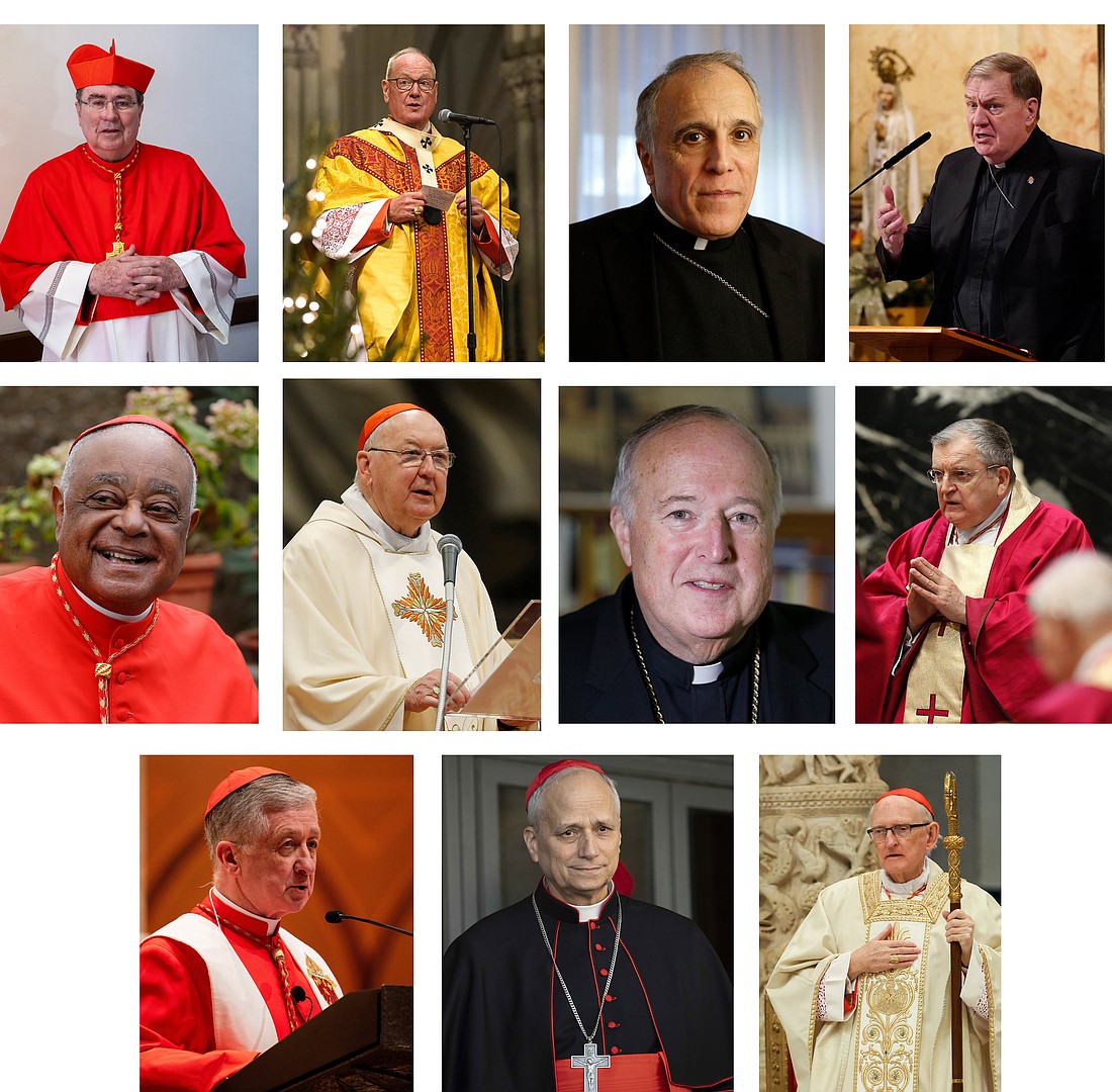 The 10 U.S. cardinal electors, plus Cardinal Christophe Pierre, apostolic nuncio to the United States, 79, who will voting in the upcoming papal conclave at the Vatican, are pictured in a combination photo. Pictured clockwise, with their ages as of the start of the conclave May 7, are Cardinal Pierre; New York Cardinal Timothy M. Dolan, 75; Cardinal Daniel DiNardo of Galveston-Houston, 75; Cardinal Joseph W. Tobin of Newark, N.J., 73; Cardinal Wilton D. Gregory, retired archbishop of Washington, 77; Cardinal Kevin J. Farrell, prefect of the Dicastery for Laity, the Family and Life, 77; Cardinal Robert W. McElroy of Washington, 71; Cardinal Raymond L. Burke, 76; Cardinal Blase J. Cupich of Chicago, 76; Cardinal Robert F. Prevost, 69, prefect of the Dicastery for Bishops under Pope Francis; and Cardinal James M. Harvey, 75, archpriest of Rome's Basilica of St. Paul Outside the Walls. (OSV News photo/OSV News/CNS)