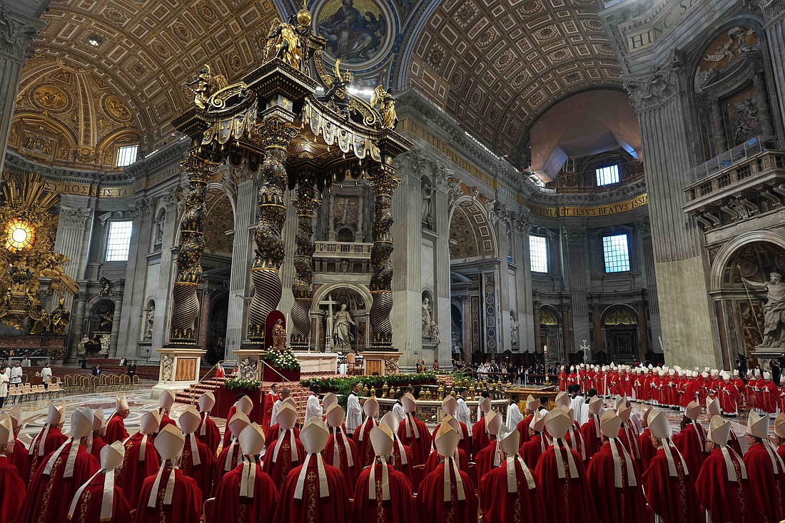 Bishops and cardinals concelebrate Mass on the fifth day of the “novendiali,” nine days of mourning for Pope Francis, in St. Peter’s Basilica at the Vatican April 30, 2025. (CNS photo/Lola Gomez)