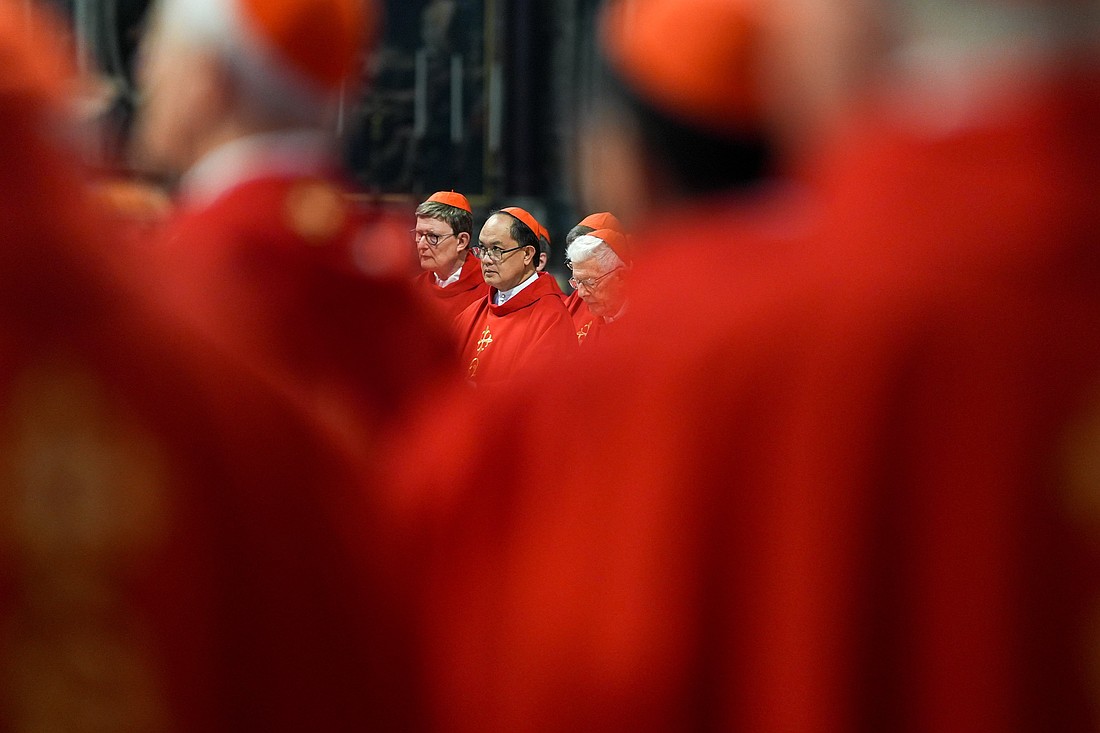 Cardinal Pablo Siongco David of Kalookan, Philippines, attends the Mass on the fifth day of the “novendiali,” nine days of mourning for Pope Francis, at the Altar of the Confession in St. Peter’s Basilica at the Vatican April 30, 2025. (CNS photo/Lola Gomez)