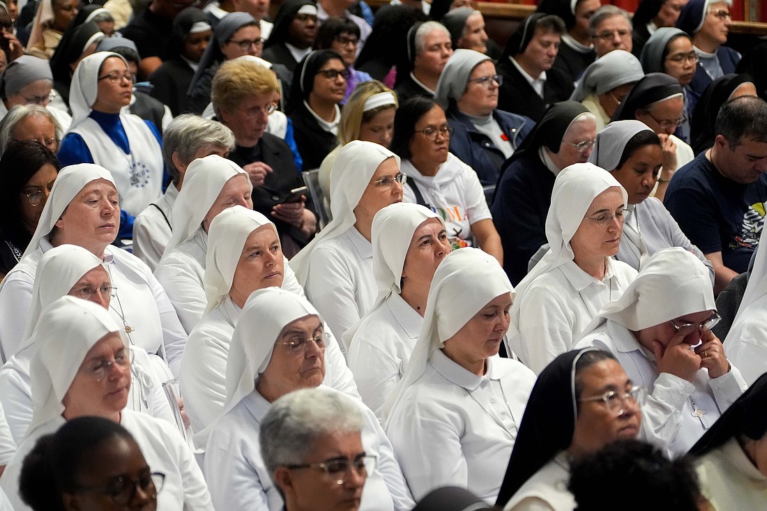 Religious sisters gather for the Mass on the eighth day of the "novendiali," nine days of mourning for Pope Francis in St. Peter’s Basilica at the Vatican May 3, 2025. The Mass had a special focus on consecrated men and women. (CNS photo/Lola Gomez)