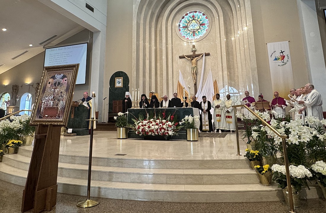 Bishop O'Connell extends welcome to all gathered for the May 3 ecumenical prayer service to mark the 1700th anniversary of the Nicaean Council. Marianne Hartman photos