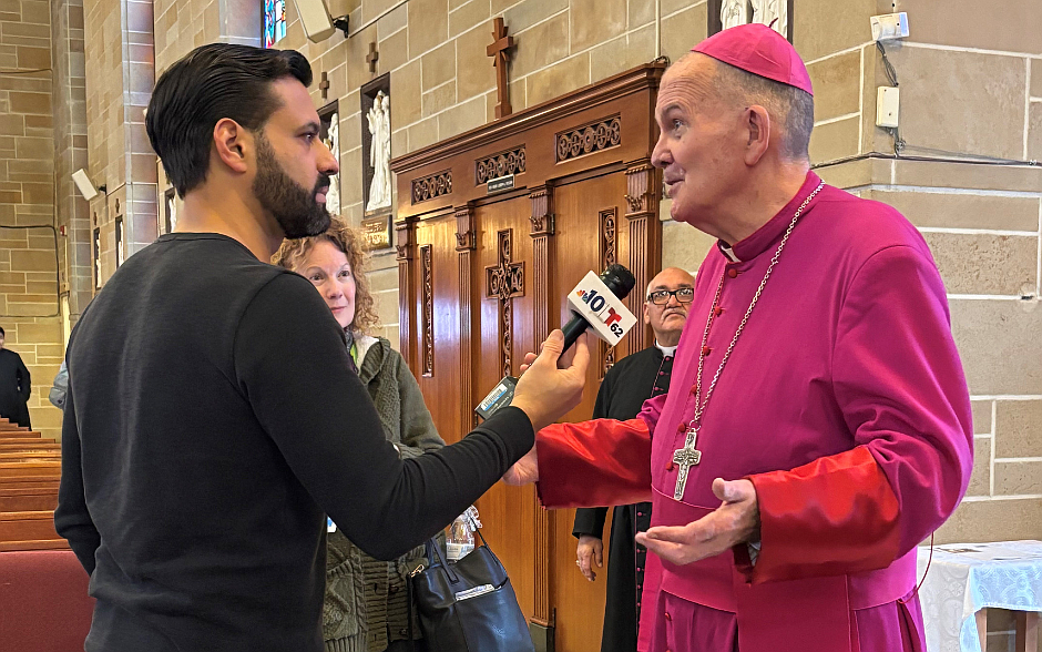 Following the Mass of Remembrance he celebrated for Pope Francis April 21 in St. Mary of the Assumption Cathedral, Trenton, Bishop O’Connell was interviewed by representatives of Telemundo in which he reflected on the work and legacy of the Holy Father. Staff photo