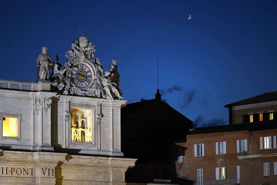 Black smoke billows from the chimney on the Sistine Chapel May 7, 2025, on the first day of the conclave. The black smoke indicated that cardinals did not elect a new pope. (OSV News photo/Murad Sezer Reuters)