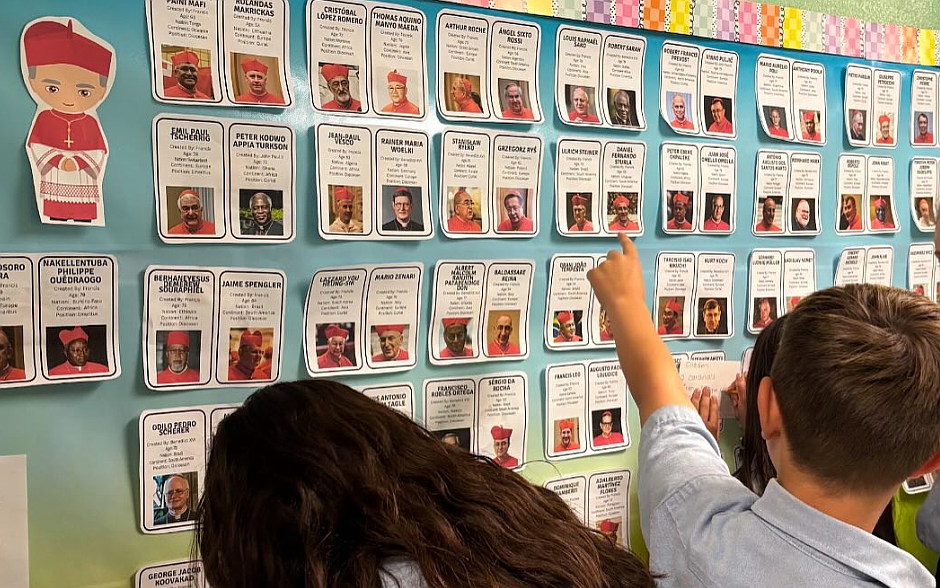 Students from St. Gregory the Great Academy, Hamilton Square, learn about the cardinals ahead of the conclave beginning May 7. Courtesy photo.