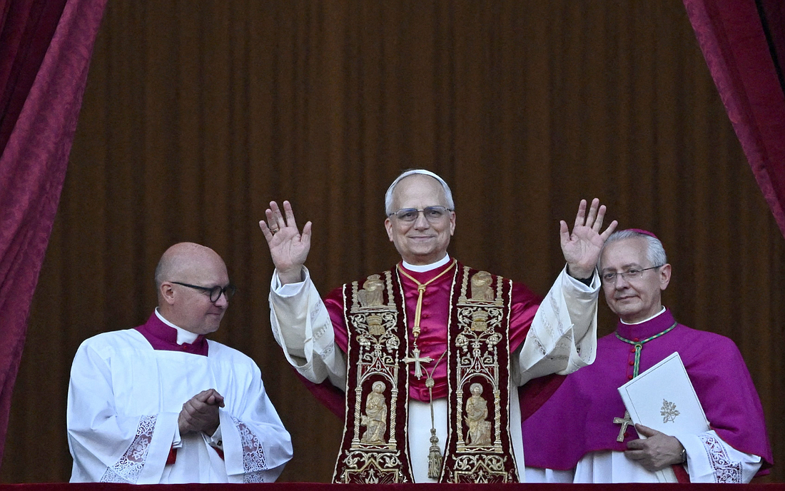 Cardinal Robert Francis Prevost, who has chosen the papal name Leo XIV, appears on the central balcony of St. Peter's Basilica at the Vatican May 8, 2025, following his election during the conclave. He is the first American pope in history. (OSV News photo/Dylan Martinez, Reuters)