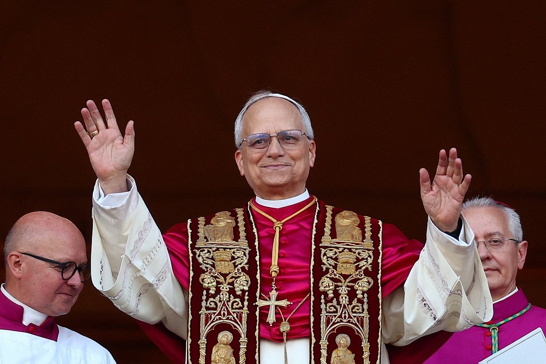 Cardinal Robert Francis Prevost, who has chosen the papal name Leo XIV, appears on the central balcony of St. Peter's Basilica at the Vatican May 8, 2025, following his election during the conclave. He is the first American pope in history. (OSV News photo/Guglielmo Mangiapane, Reuters)