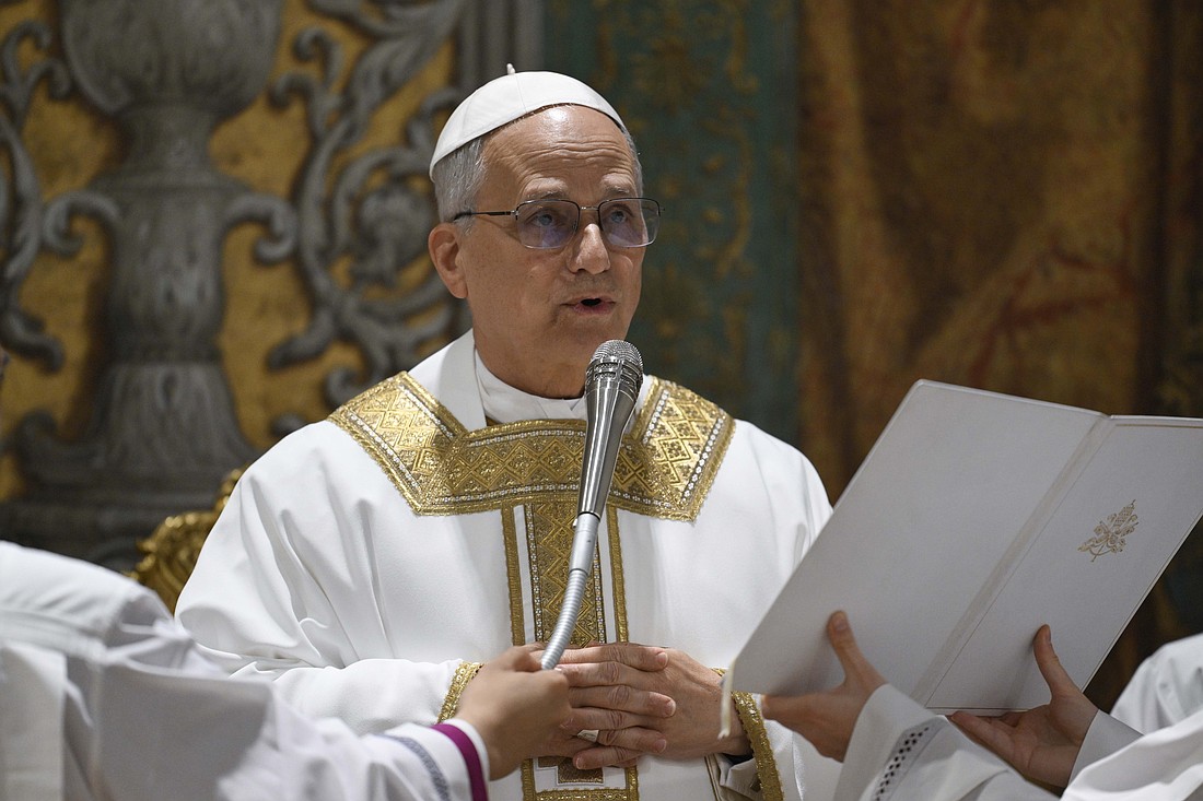 Pope Leo XIV offers a prayer during his first Mass as pope with the cardinals who elected him in the Sistine Chapel at the Vatican May 9, 2025. (CNS photo/Vatican Media)