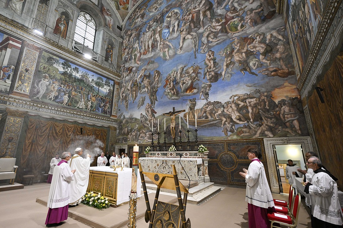 Pope Leo XIV celebrates his first Mass as pope with the cardinals who elected him in the Sistine Chapel at the Vatican May 9, 2025. (CNS photo/Vatican Media)