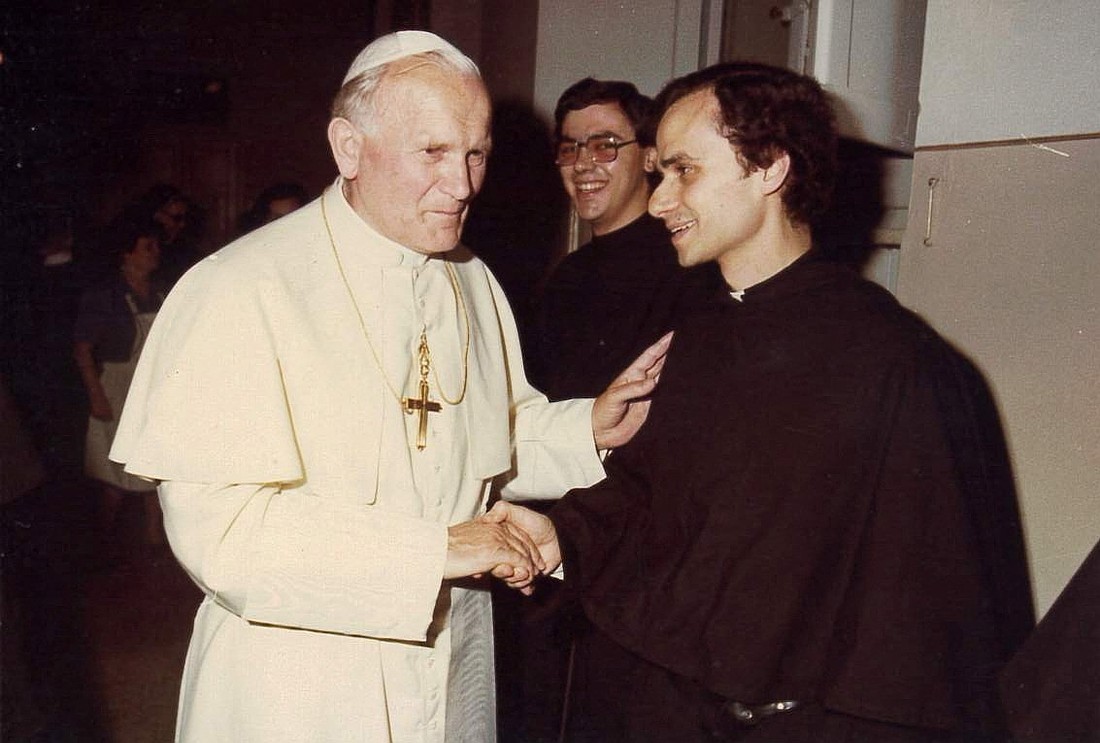 An undated file photo shows Pope John Paul II greeting then-Augustinian Father Robert Francis Prevost, now Pope Leo XIV. He  became the first American pope in history to be elected pope May 8, 2025, at the Vatican. (OSV News photo/Augustinian Province of Our Mother of Good Counsel handout via Reuters)  THIS IMAGE HAS BEEN SUPPLIED BY A THIRD PARTY. NO RESALES. NO ARCHIVES. MANDATORY CREDIT. BEST QUALITY AVAILABLE