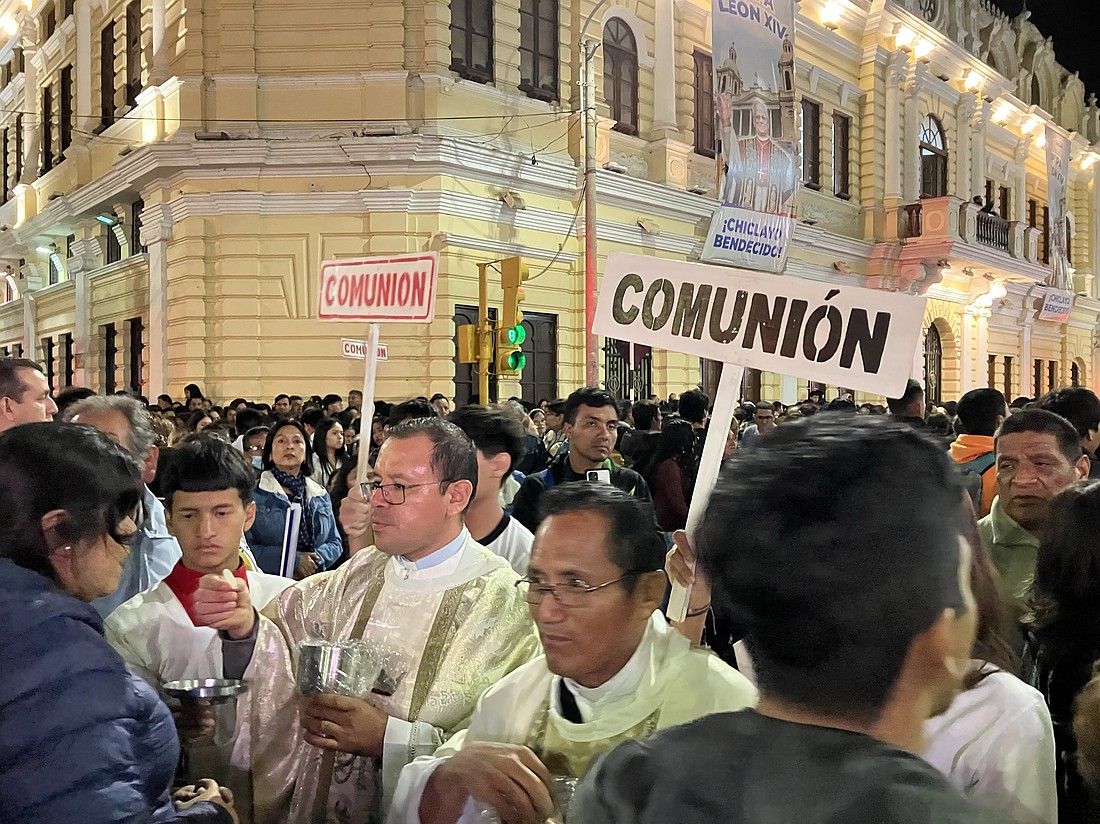 Clergymen distribute Communion as thousands of people gather for Mass outside the Cathedral of Santa Maria de Chiclayo in Peru May 10, 2025, celebrating the election of Pope Leo XIV, who was bishop of Chiclayo between 2015 and 2023. He was elected pope at the Vatican May 8, becoming the first American pontiff in history. (OSV News photo/David Agren)