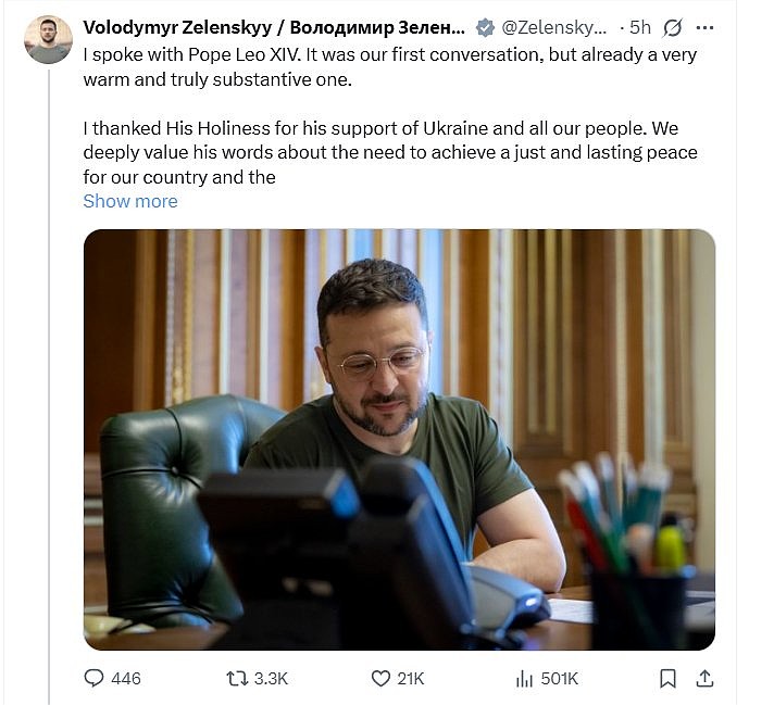 A May 12, 2025, post on X by Volodymyr Zelenskyy, Ukraine's president, says he spoke with Pope Leo XIV about recently developments and invited the pope to Ukraine. (CNS screengrab/X)