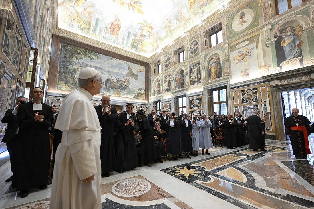 Pope Leo XIV arrives for an audience with members of the De La Salle Christian Brothers at the Vatican May 15, 2025. (CNS photo/Vatican Media)..
