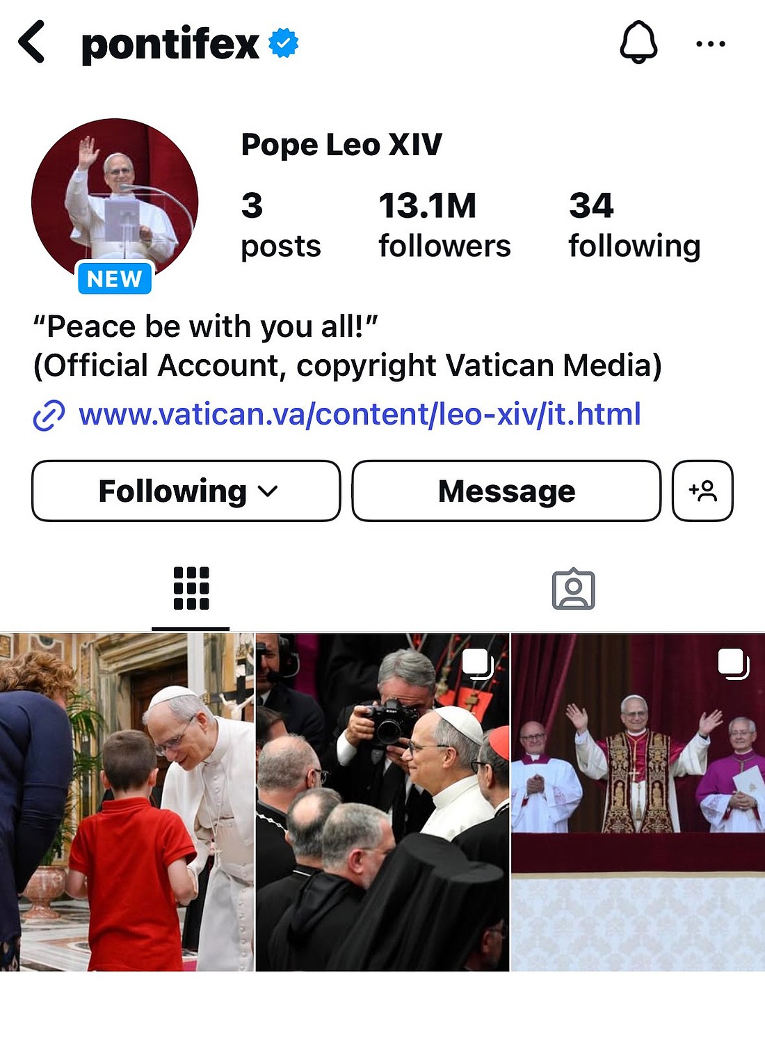 A screen grab shows Pope Leo XIV's @pontifex account on the social media platform Instagram May 16, 2025. (CNS photo/screen grab, Instagram)