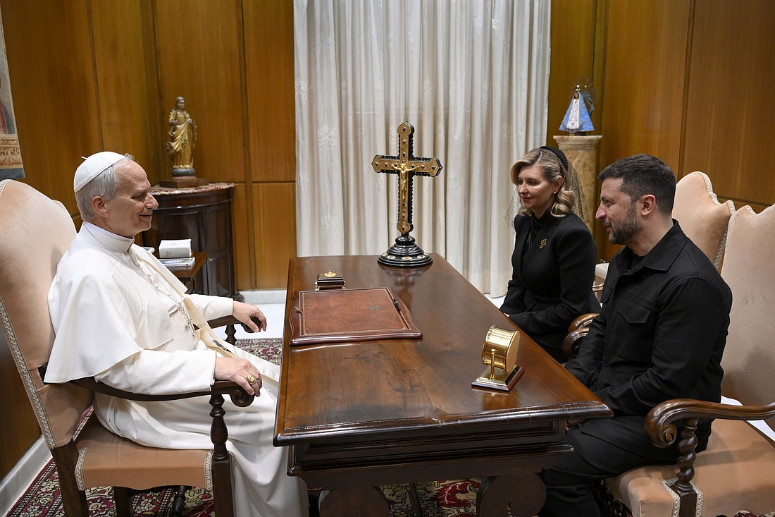 Pope Leo XIV meets Ukrainian President Volodymyr Zelenskyy and Ukraine's first lady Olena Zelenska at the Vatican May 18, 2025. (CNS photo/Vatican Media)