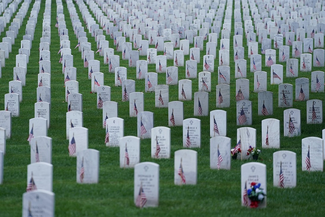 Gravestones adorned with American Flags are seen at Arlington National Cemetery on Memorial Day in Arlington, Va., May 27, 2024. Each year on Memorial Day, celebrated on the last Monday of May, the nation pays tribute to U.S. military service members who have died in war. (OSV News photo/Nathan Howard, Reuters)
