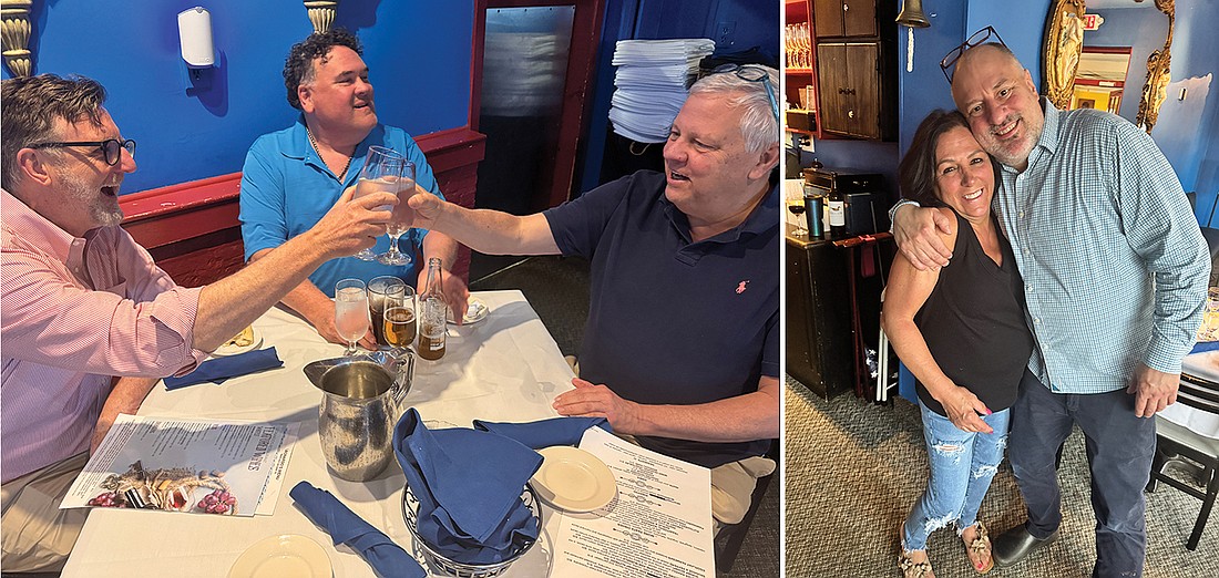 At left, patrons toast the new pope at a party at Leonardo’s II restaurant, Lawrenceville. Pictured right are Leonardo’s owner Robert Pluta and his cousin Mary Escudero. Courtesy photos