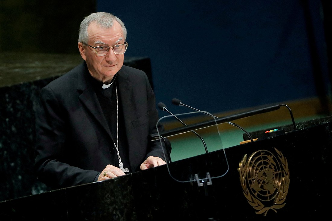 Cardinal Pietro Parolin, Vatican secretary of state, is seen Sept. 28, 2019, addressing the 74th session of the General Assembly of the United Nations at U.N. headquarters in New York. On May 19, 2025, Cardinal Parolin addressed a reception at the United Nations that was held to celebrate the election of Pope Leo XIV. (OSV News photo/Brendan McDermid, Reuters)