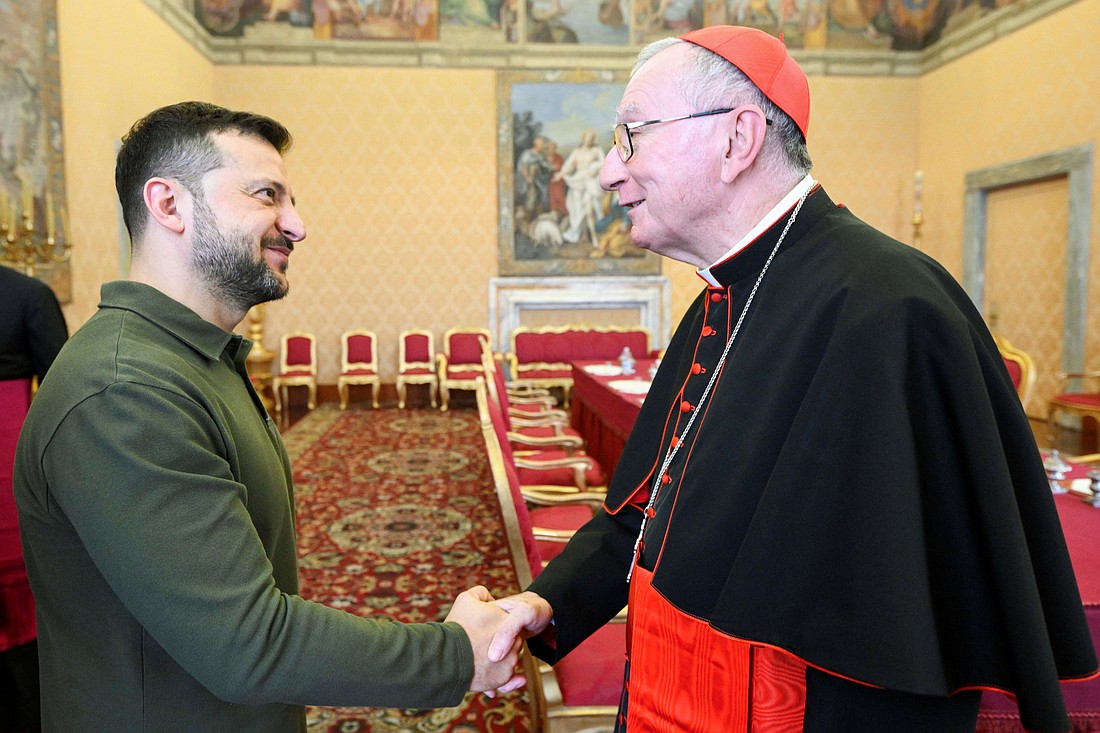 Ukrainian President Volodymyr Zelenskyy meets with Cardinal Pietro Parolin, the Vatican's secretary of state, at the Vatican, Oct. 11, 2024. Cardinal Parolin was honored with the Path to Peace Award in New York City May 19 for his diplomatic efforts to build peace among nations. (OSV News photo/Vatican Media via Reuters)
