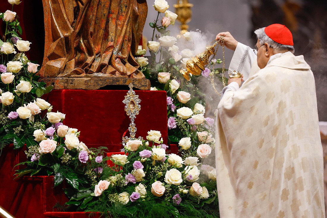 Cardinal Marcello Semeraro, prefect of the Dicastery for the Causes of Saints, incenses the reliquary containing the relics of St. Maria Antonia de Paz Figueroa, known as Mama Antula, during the Mass for her canonization in St. Peter's Basilica at the Vatican Feb. 11, 2024. She is the first female saint from Argentina. (CNS photo/Lola Gomez)..